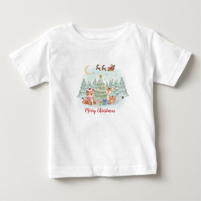 T-shirt Pour Bébé Nuit de Noël magique dans la forêt d'hiver (Devant)