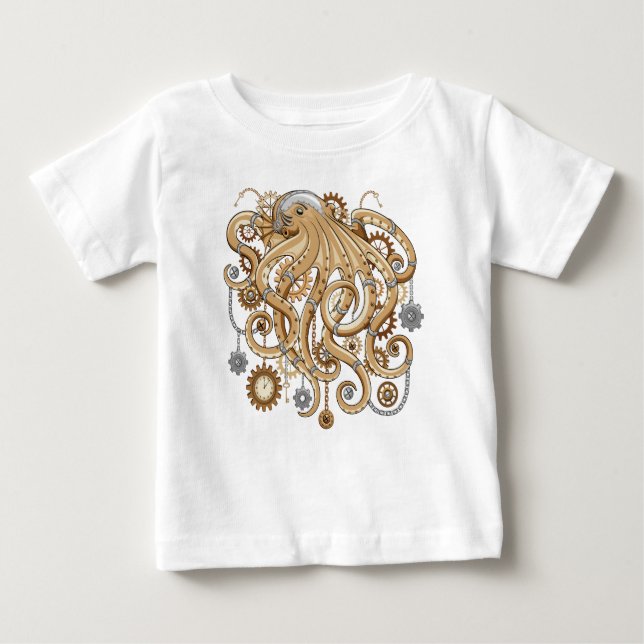T-shirt Pour Bébé Octopus Steampunk Surreal Retro Style Machine (Devant)