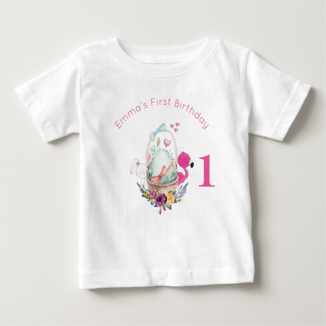 T-shirt Pour Bébé Oeuf, Flamant rose et lapin Premier anniversaire (Devant)