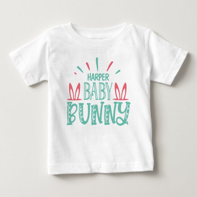 T-shirt Pour Bébé Œufs de Pâques Papillon Lapin Bébé NOM Personnalis (Devant)
