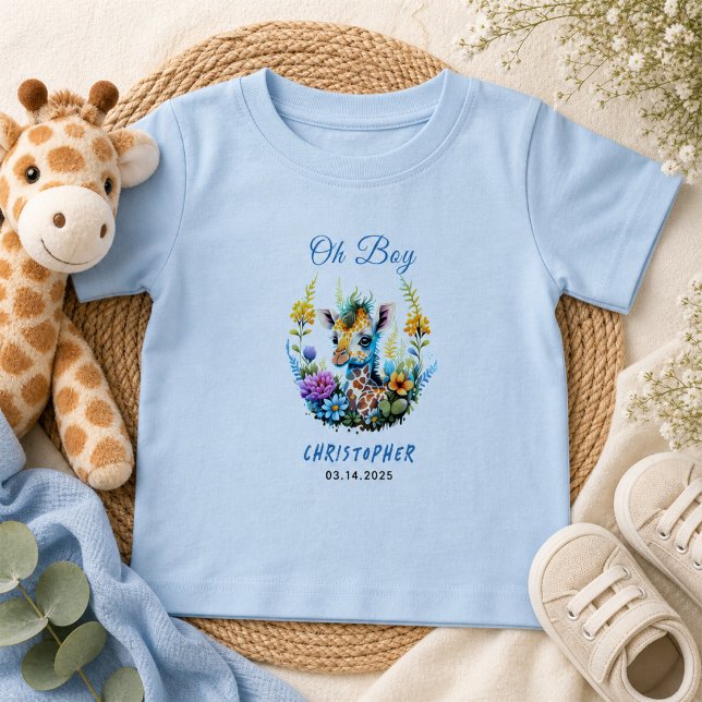 T-shirt Pour Bébé Oh Boy! Bébé Girafe Fête de Naissance  (Oh Boy! Baby Giraffe Baby Shower T-Shirt)