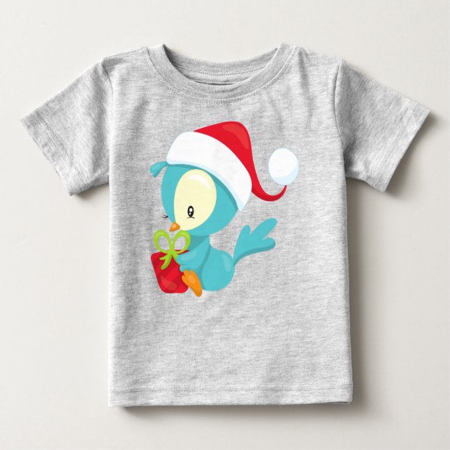 T-shirt Pour Bébé Oiseau de Noël, Oiseau mignon, Chapeau de Noël, Ca (Devant)