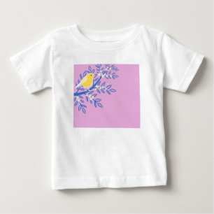 T-shirt Pour Bébé Oiseau jaune illustré sur fond rose