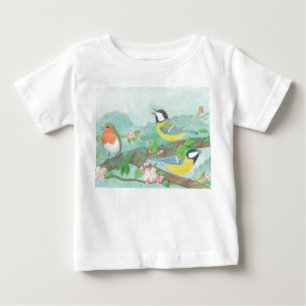 T-shirt Pour Bébé Oiseaux chantant sur une branche d'arbre en fleurs