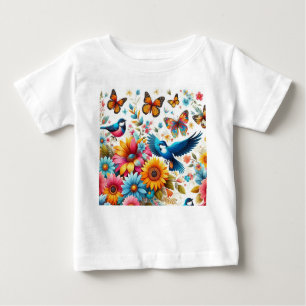 T-shirt Pour Bébé Oiseaux colorés Papillons Fleurs Modèle mignonnes