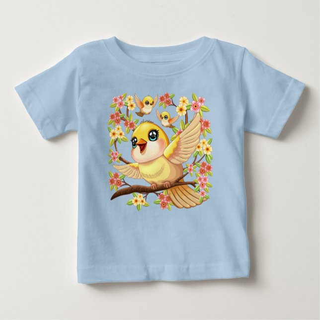 T-shirt Pour Bébé Oiseaux mignons et heureux parmi les fleurs du pri (Devant)