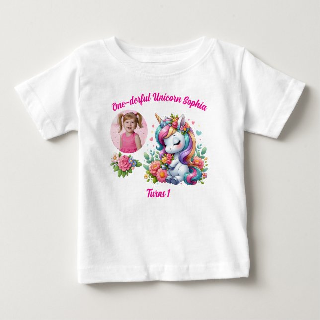 T-shirt Pour Bébé One-derful Magical Floral Unicorn 1st Birthday  (Devant)