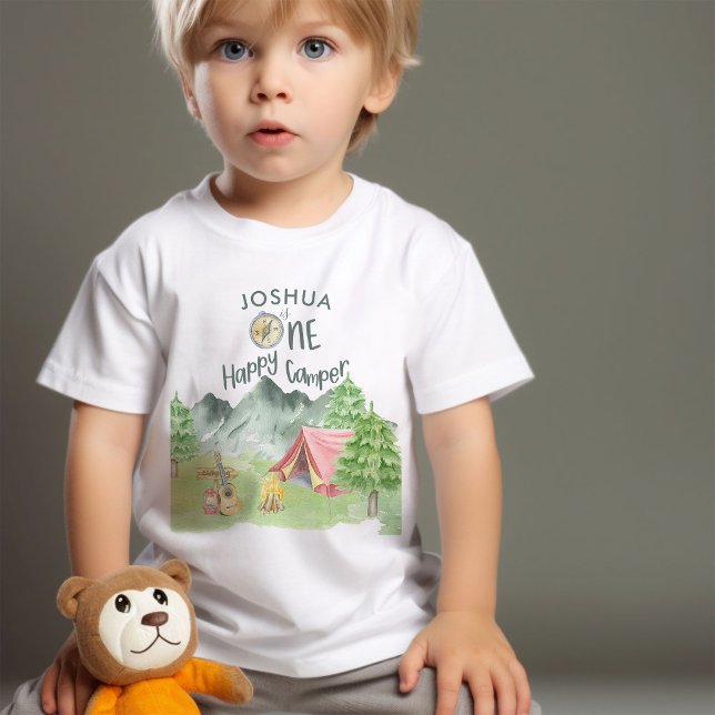 T-shirt Pour Bébé One Happy Camper 1er anniversaire personnalisé (Personalized One Happy Camper T-shirt for first birthday)