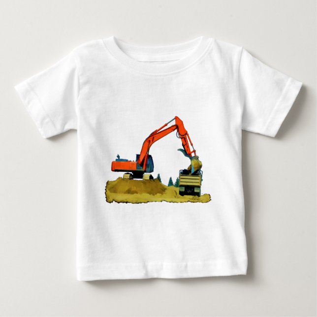 T-shirt Pour Bébé Orange Excavateur et Camion-Camion jaune (Devant)