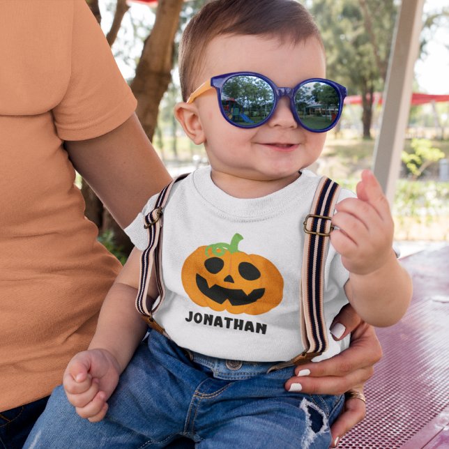 T-shirt Pour Bébé Orange Halloween Pumpkin with Name (Créateur téléchargé)