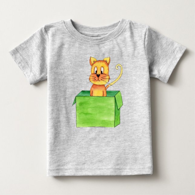 T-shirt Pour Bébé Orange Silencieux Jouer Chat Dans Une Boîte (Devant)