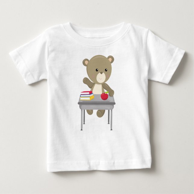 T-shirt Pour Bébé Ours Aller À L'École, Mignonne Ours, Ours Brown, B (Devant)