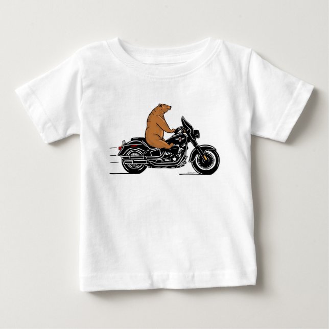 T-shirt Pour Bébé Ours brun blanc à moto (Devant)