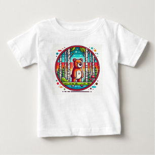 T-shirt Pour Bébé Ours de dessin animé dans une forêt colorée