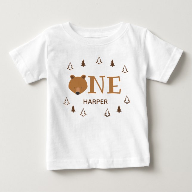 T-shirt Pour Bébé Ours de forêt Un nom Premier anniversaire (Devant)