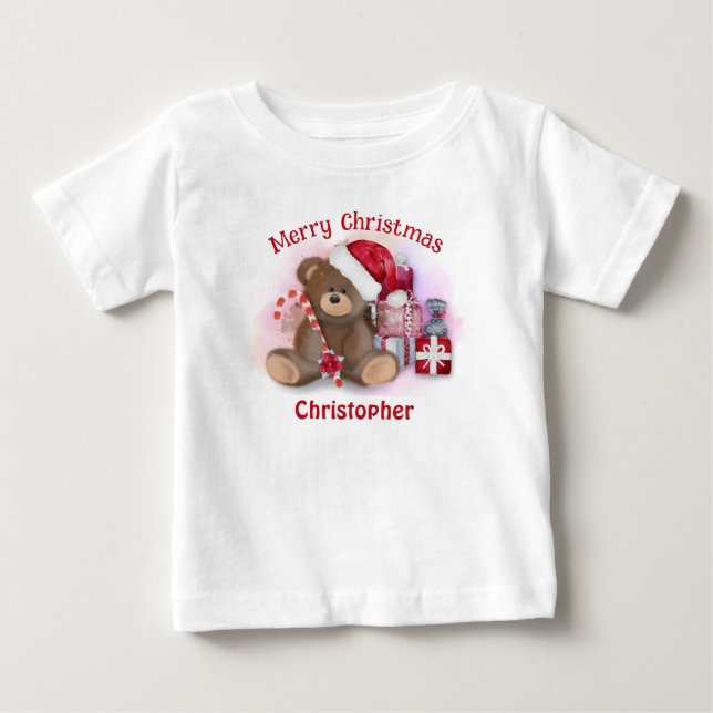 T-shirt Pour Bébé Ours de Noël Merry Enfant Bébé Noël  (Devant)