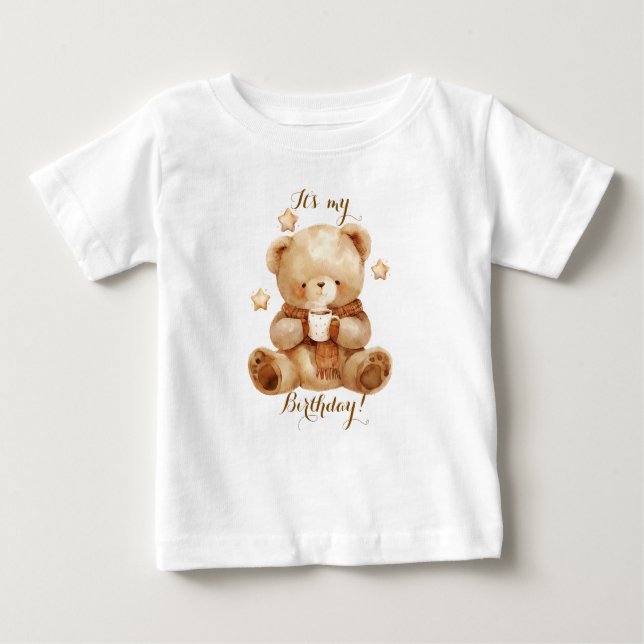 T-shirt Pour Bébé Ours en Teddy Balloon beige Anniversaire (Devant)