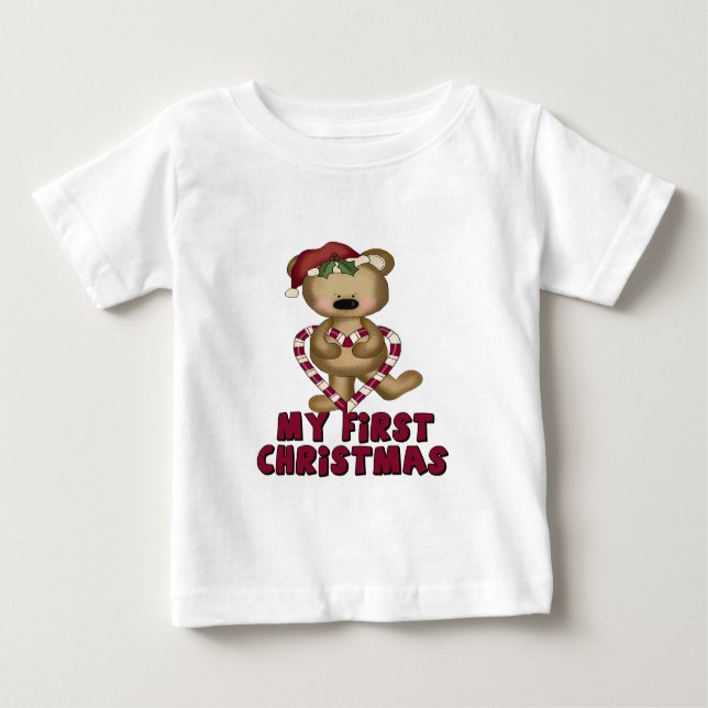 T-shirt Pour Bébé Ours et Sucre de canne Premier Noël du bébé (Devant)