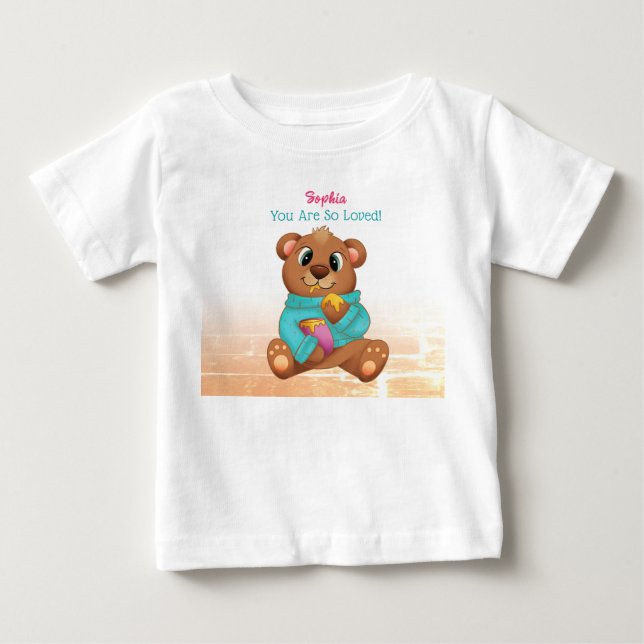 T-shirt Pour Bébé Ours mangeant du miel, nom de l'enfant et message  (Devant)