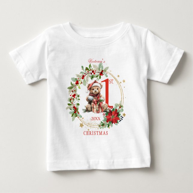 T-shirt Pour Bébé Ours Poinsettia Foliage Baby's First Christmas (Devant)