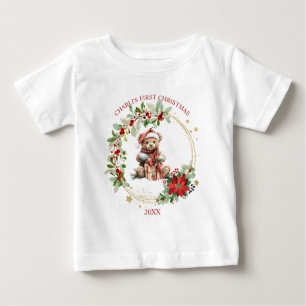 T-shirt Pour Bébé Ours Poinsettia Foliage Baby's First Christmas