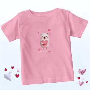 T-shirt Pour Bébé Ours polaire kawaii rose et blanc avec des cœurs