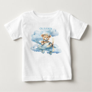 T-shirt Pour Bébé Ourson pilote à l'aquarelle Premier anniversaire B