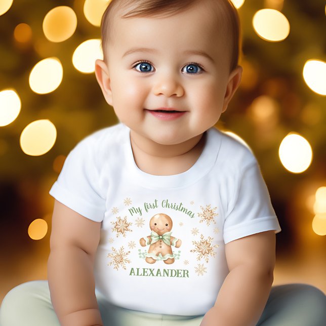T-shirt Pour Bébé Pain d'épices Homme Vert Beige Premier Noël (Gingerbread Man Green Beige First Christmas Baby T-Shirt)