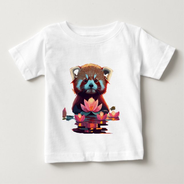 T-shirt Pour Bébé Panda rouge dans un étang de lotus (Devant)