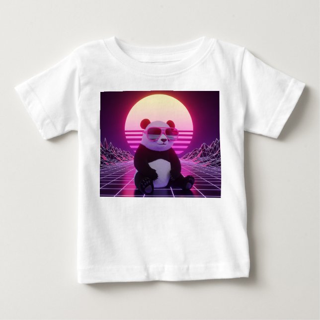 T-shirt Pour Bébé Panda Synthwave Rétro avec Lunettes de Soleil Rose (Devant)