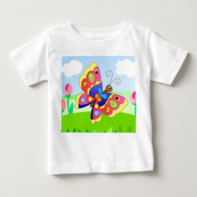 T-shirt Pour Bébé papillon de dessin animé sur un champ fleuri (Devant)
