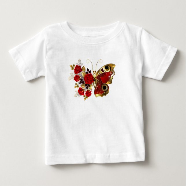 T-shirt Pour Bébé Papillon de fleurs rouges aux roses rouges (Devant)