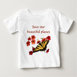 T-shirt Pour Bébé Papillon jaune sur les fleurs rouges Sauvez notre