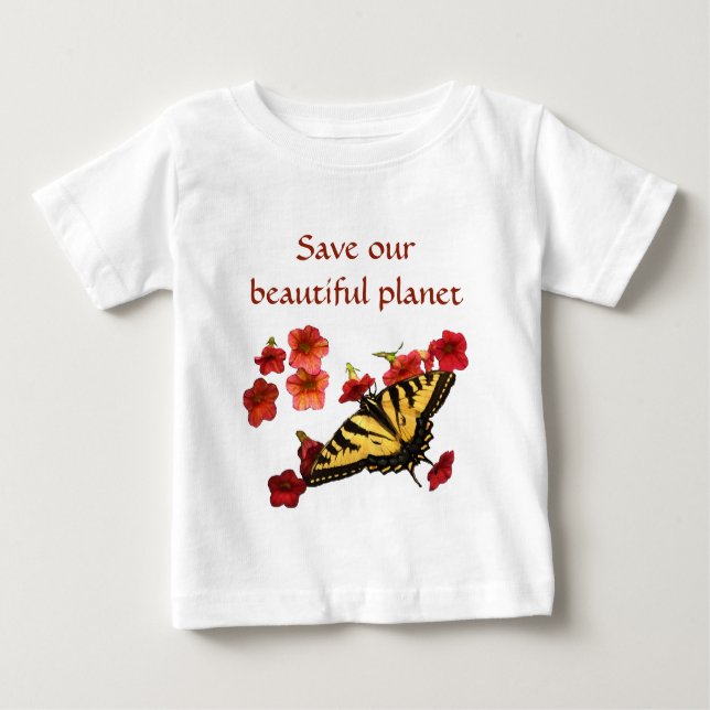 T-shirt Pour Bébé Papillon jaune sur les fleurs rouges Sauvez notre  (Devant)