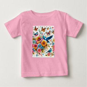 T-shirt Pour Bébé Papillons colorés Oiseaux Fleurs roses Personnalis