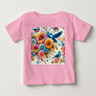 T-shirt Pour Bébé Papillons colorés tendance Oiseaux Fleurs rose