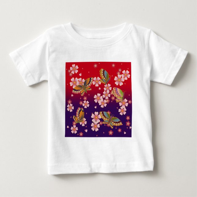 T-shirt Pour Bébé Papillons japonais au milieu des fleurs de Sakura (Devant)