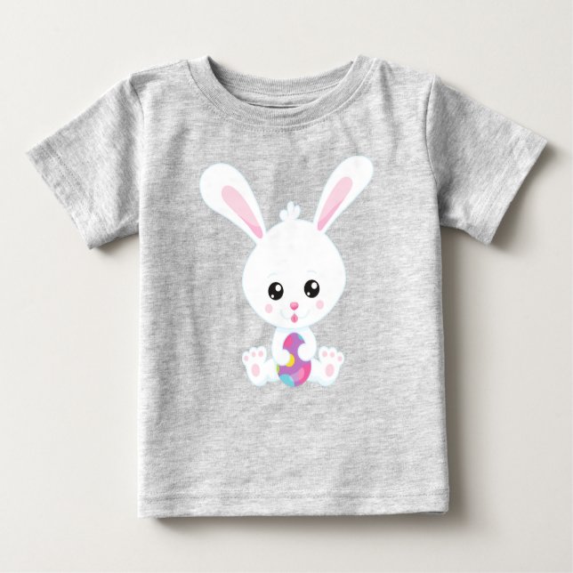 T-shirt Pour Bébé Pâques, Lapin Mignonne, Lapin Blanc, Oeufs De Pâqu (Devant)