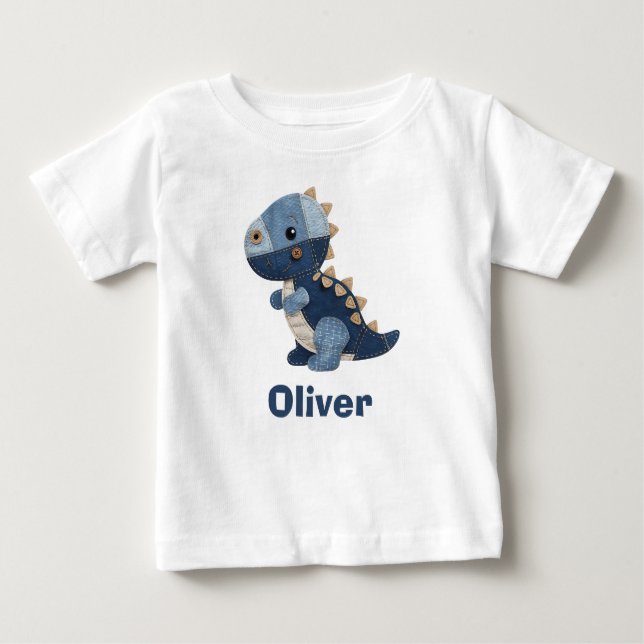 T-shirt Pour Bébé Patchwork Denim Baby T-Rex (Devant)
