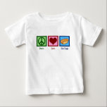 T-shirt Pour Bébé Peace Love Hot Dogs<br><div class="desc">Un signe de paix, un coeur et un délicieux hot dog.</div>