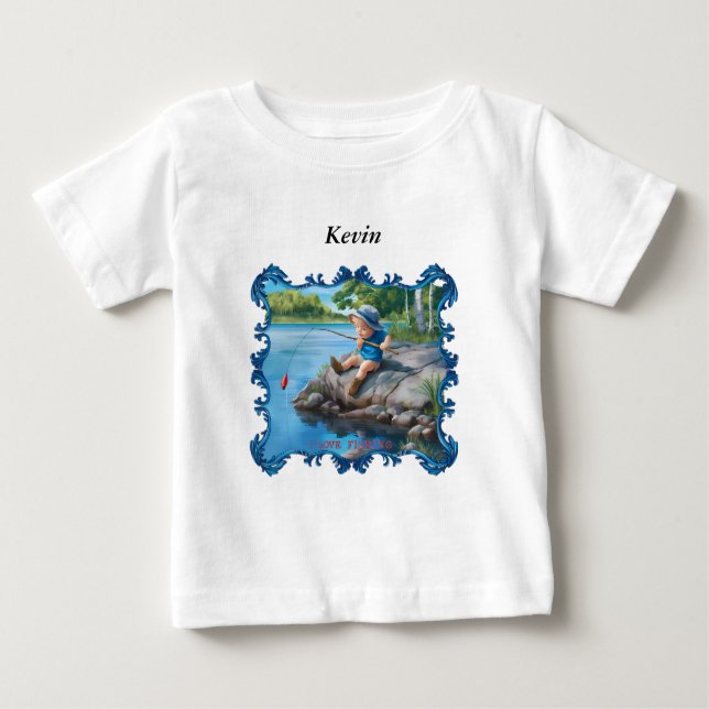 T-shirt Pour Bébé Pêche de garçon dans la rivière. (Devant)