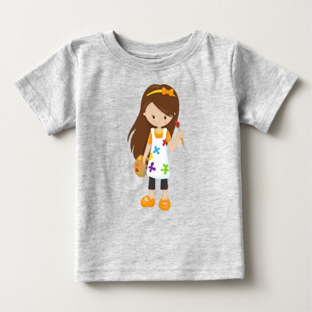 T-shirt Pour Bébé Peintre, Peintre, Mignonne fille, Cheveux Brown (Devant)