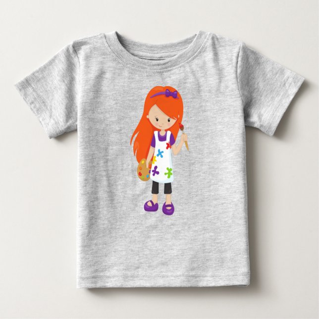 T-shirt Pour Bébé Peintre, Peintre, Mignonne fille, Cheveux orange (Devant)
