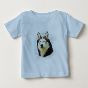 T-shirt Pour Bébé Peinture à l'aquarelle de chien Husky sibérien