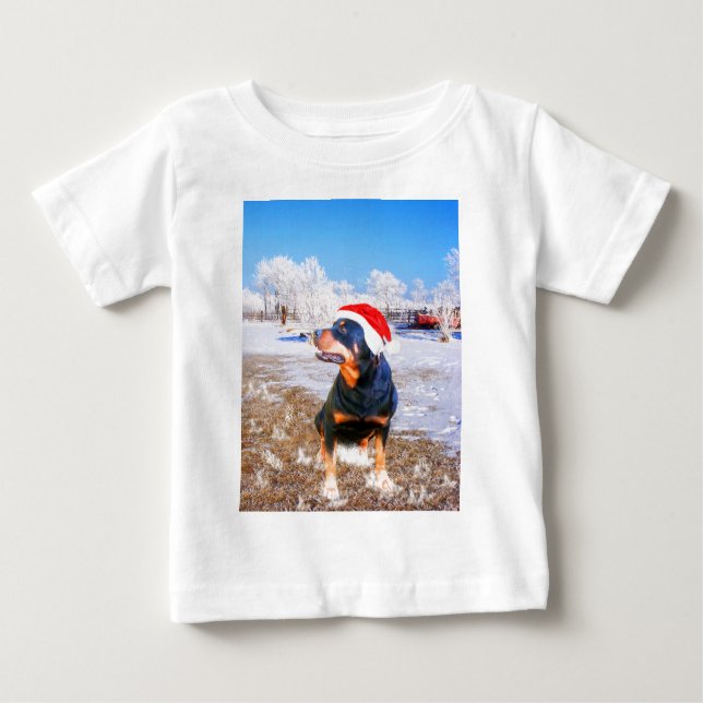 T-shirt Pour Bébé Peinture de Noël de chien Rottweiler (Devant)