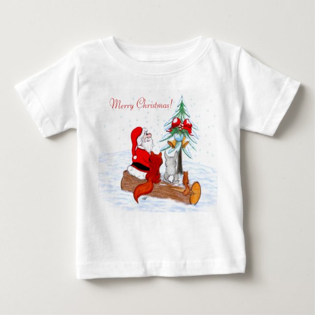 T-shirt Pour Bébé Père Noël avec Renard de lapin et écureuil (Devant)