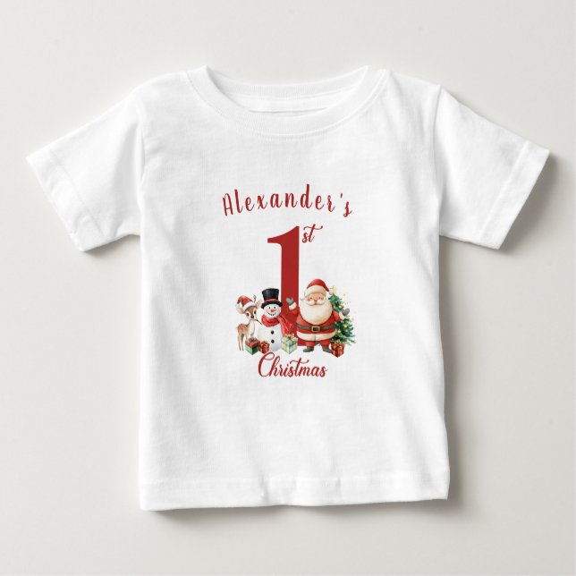 T-shirt Pour Bébé Père Noël, bonhomme de neige, premier Noël du bébé (Devant)