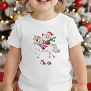 T-shirt Pour Bébé Père Noël mignon chevauchant une licorne arc-en-ci