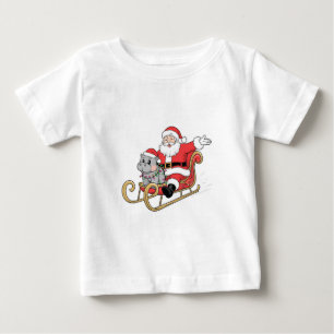 T-shirt Pour Bébé Père Noël Riding Sleigh avec Moo Deng Baby Hippo