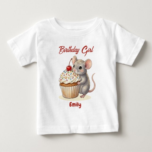 T-shirt Pour Bébé Personalized Birthday Girl | Cute Mouse & Cupcake (Devant)